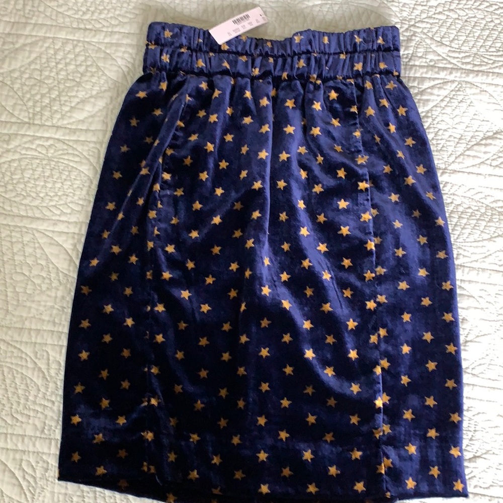 NWT J. Crew Velvet Navy Blue & Gold Stars Pull-on Skirt - size XS